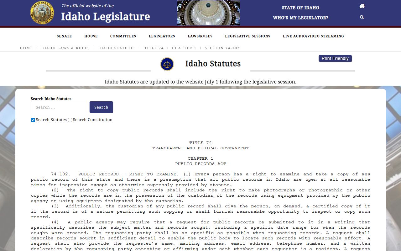 Valley County clerk records Idaho Code 74-102 public records source