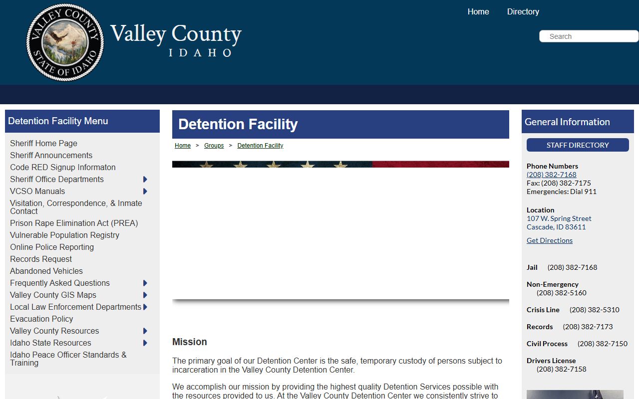 Valley County arrest records detention facility source page