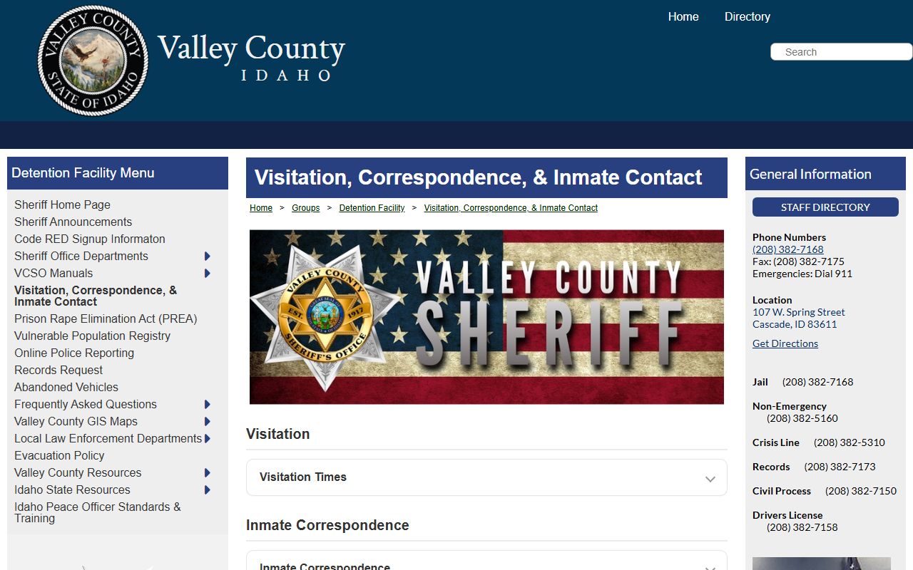 Valley County arrest records jail visitation and inmate contact rules