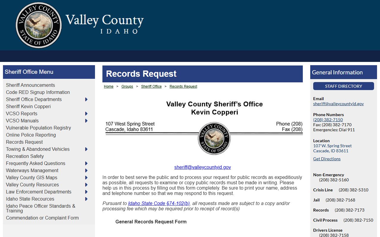 Valley County arrest records sheriff records request source