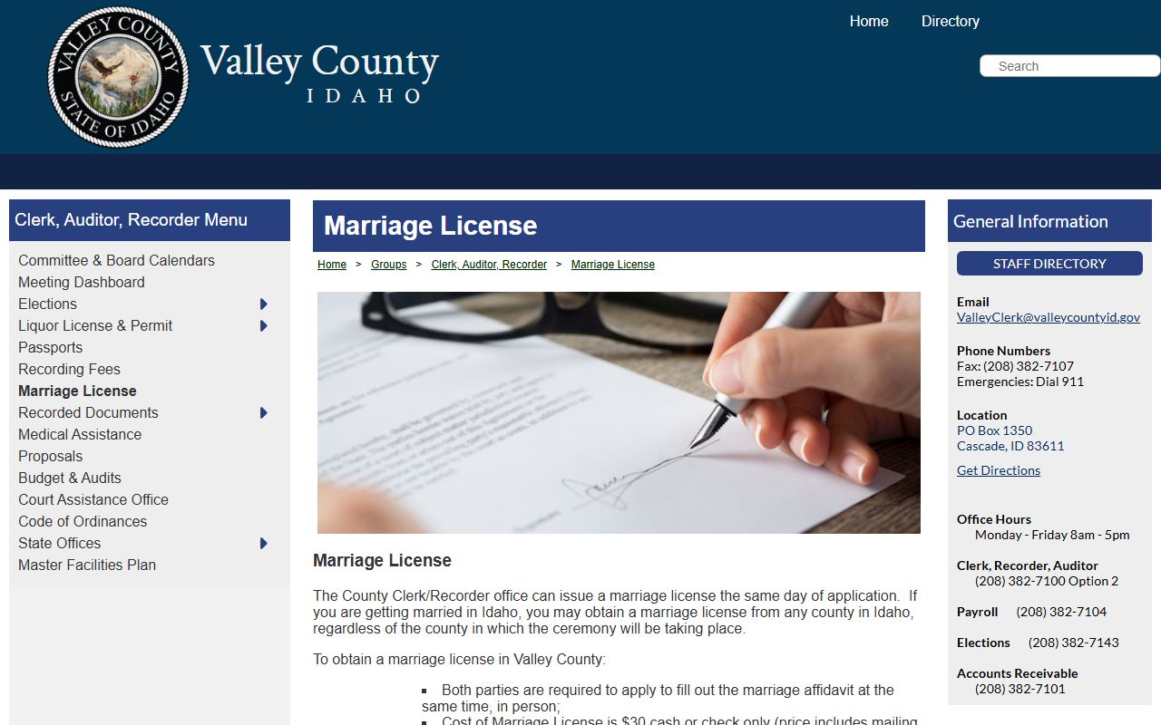 Valley County marriage license page with county clerk record instructions