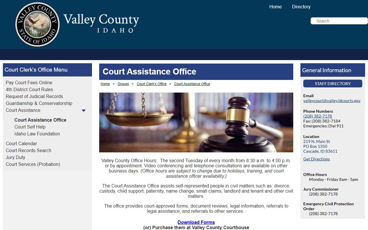 Valley County Court Assistance Office page for self-represented civil case help