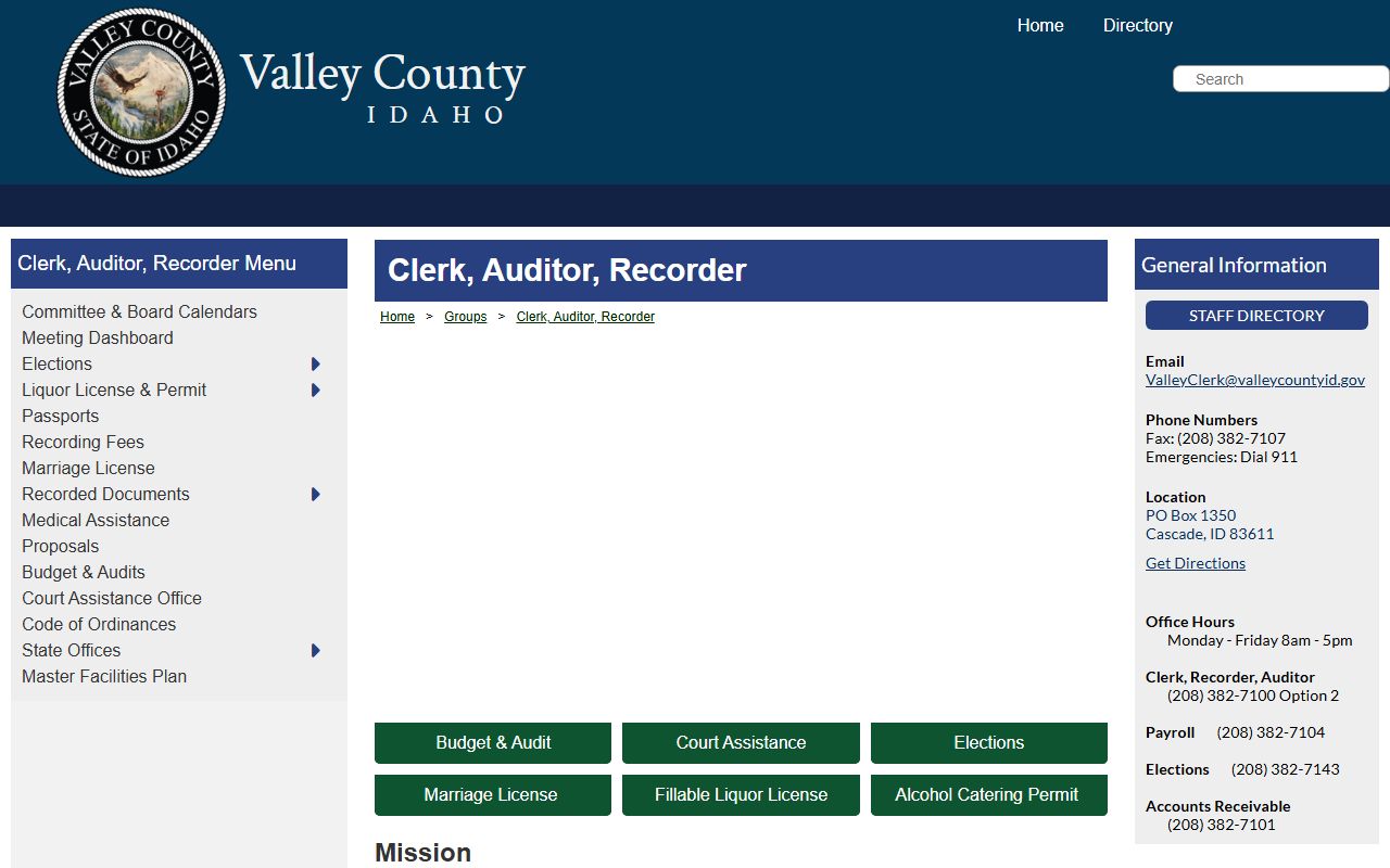 Valley County Clerk Auditor Recorder page for county records and recording services