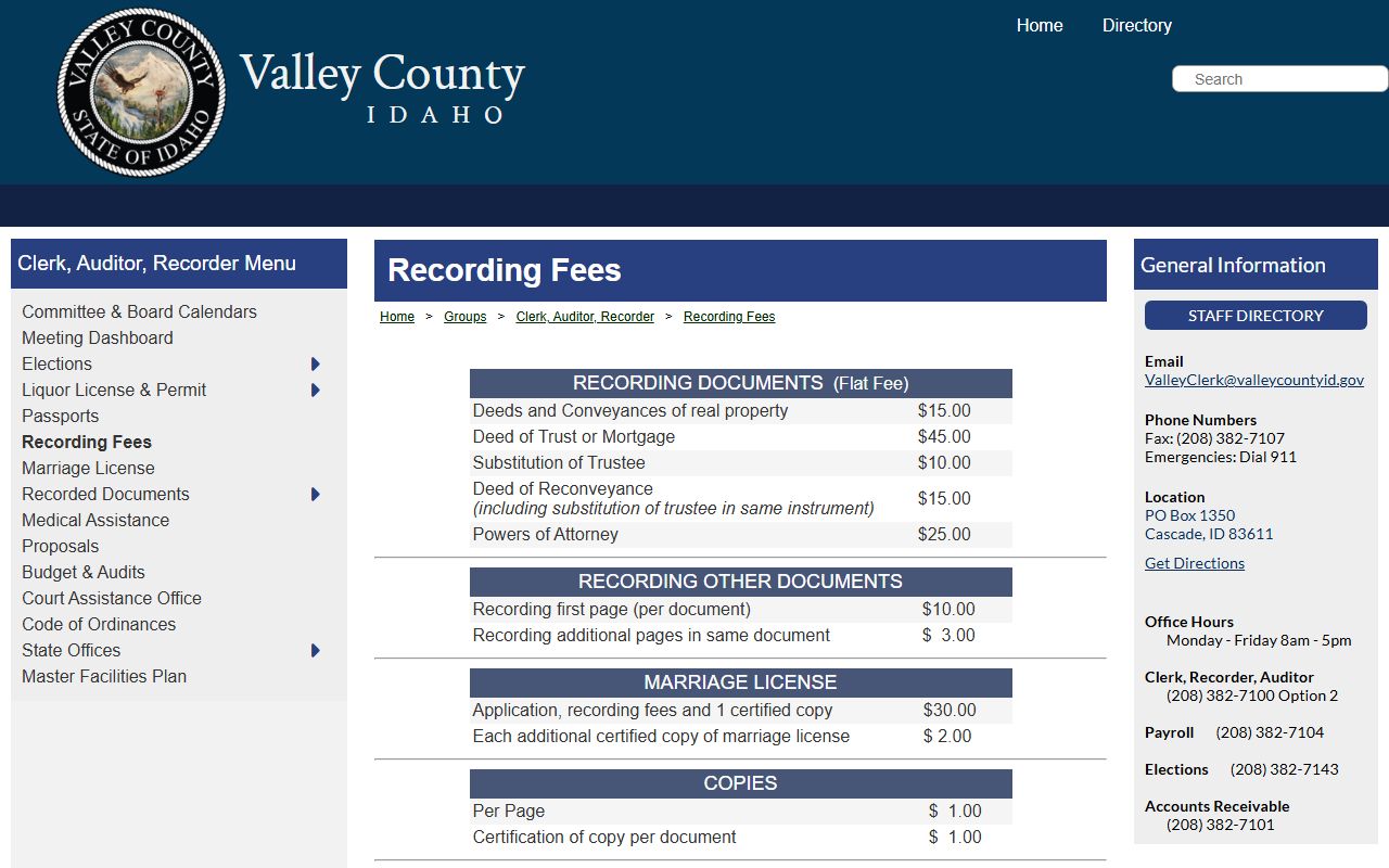 Valley County recording fee page with copy and certification fees