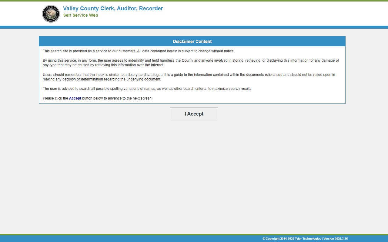 Valley County Tyler Self Service Web portal for recorded document index searches