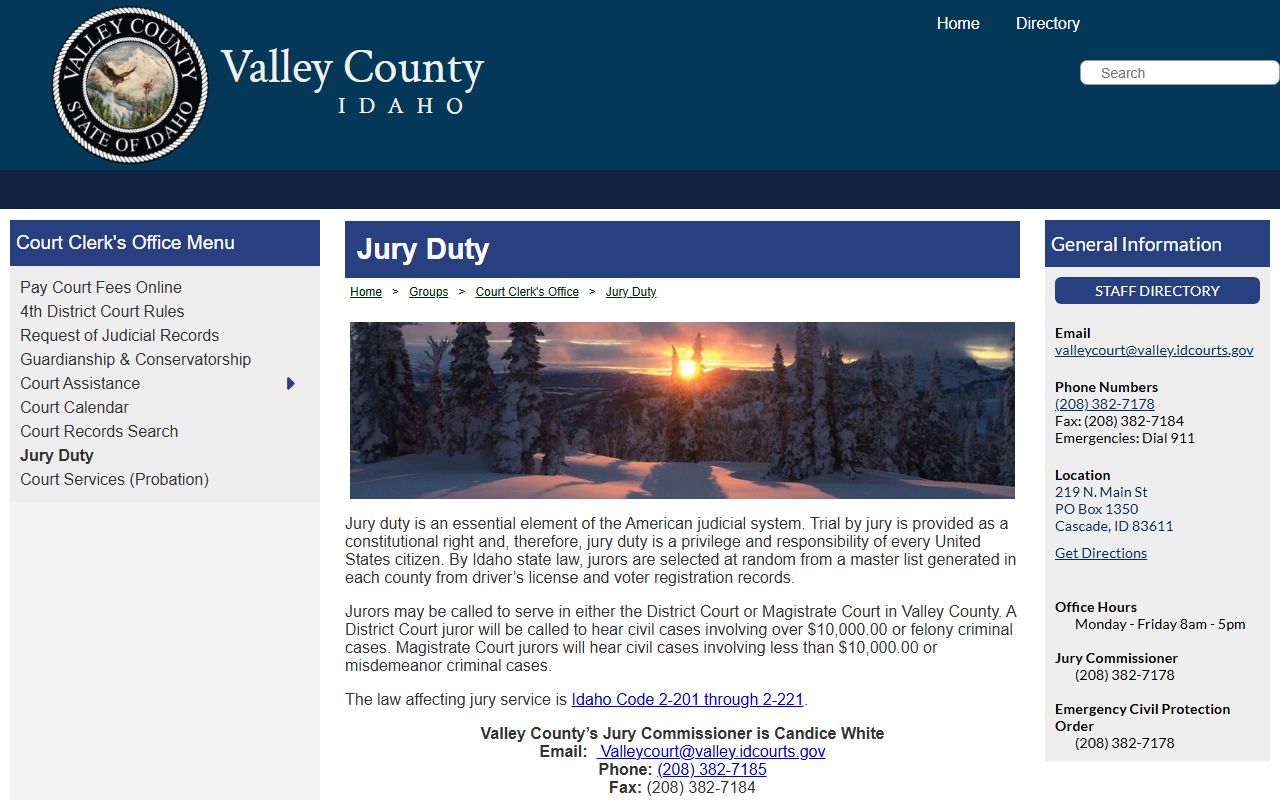Valley County jury duty page explaining District Court and Magistrate Court case types