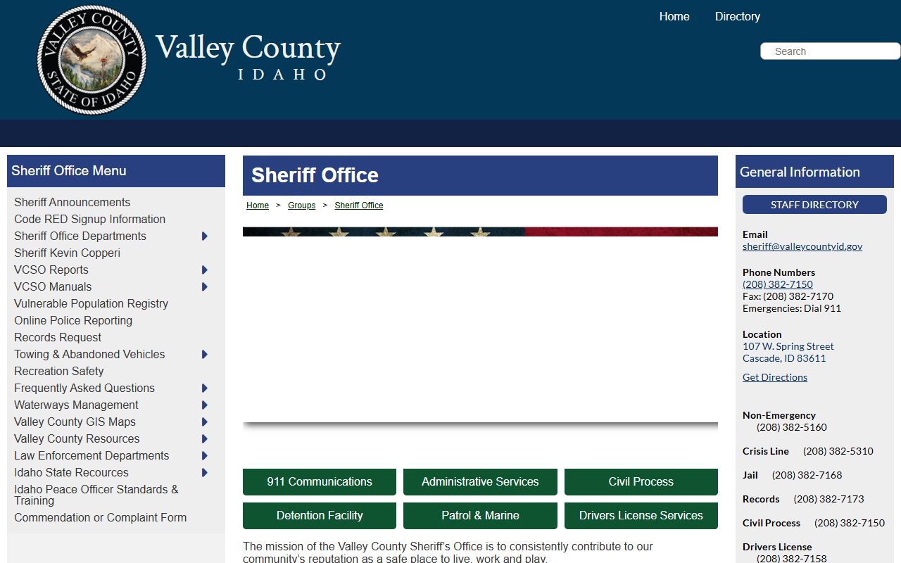 Valley County Sheriff's Office page with law enforcement, detention, and records links