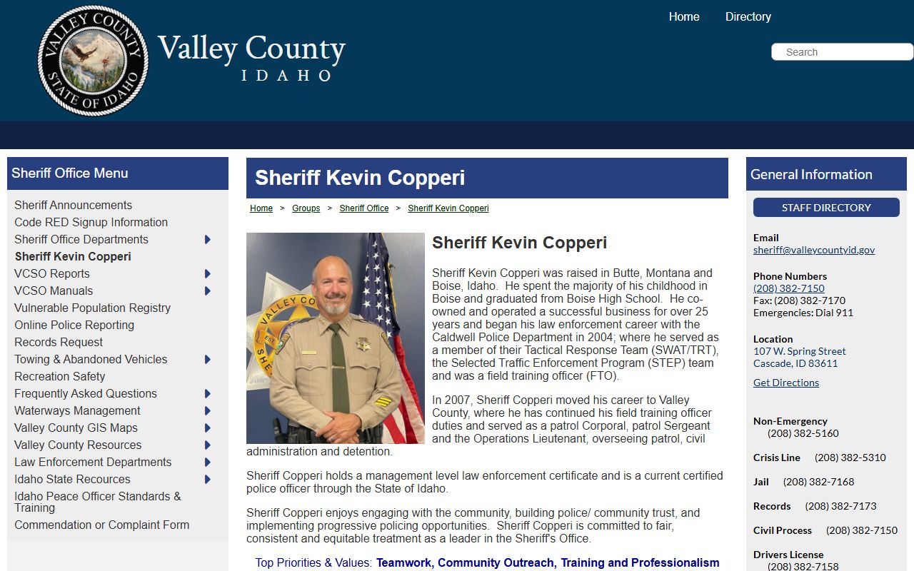 Sheriff Kevin Copperi biography page for Valley County law enforcement context