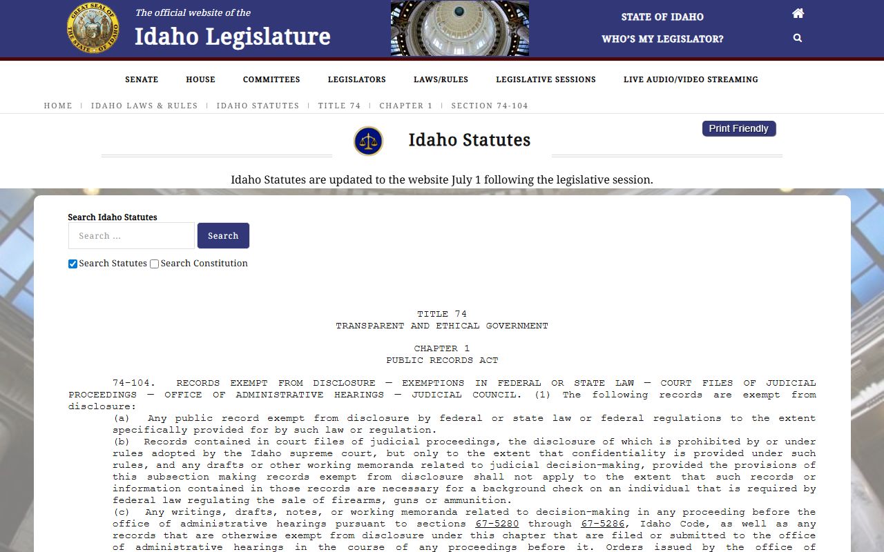 Valley County District Court Idaho Code 74-104 court file access source