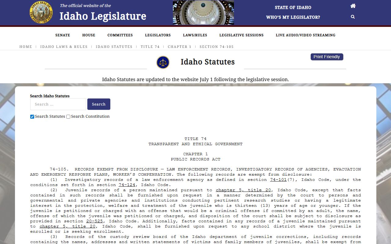 Valley County District Court Idaho Code 74-105 law enforcement records source
