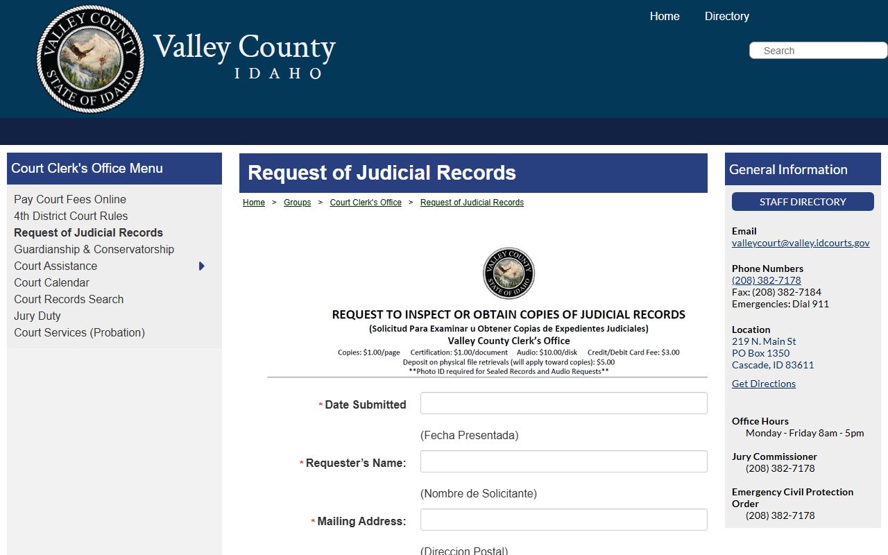 Valley County Court records judicial request form