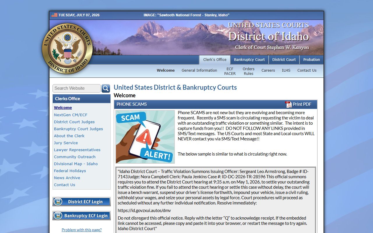 Valley County divorce records distinction from Idaho federal court homepage
