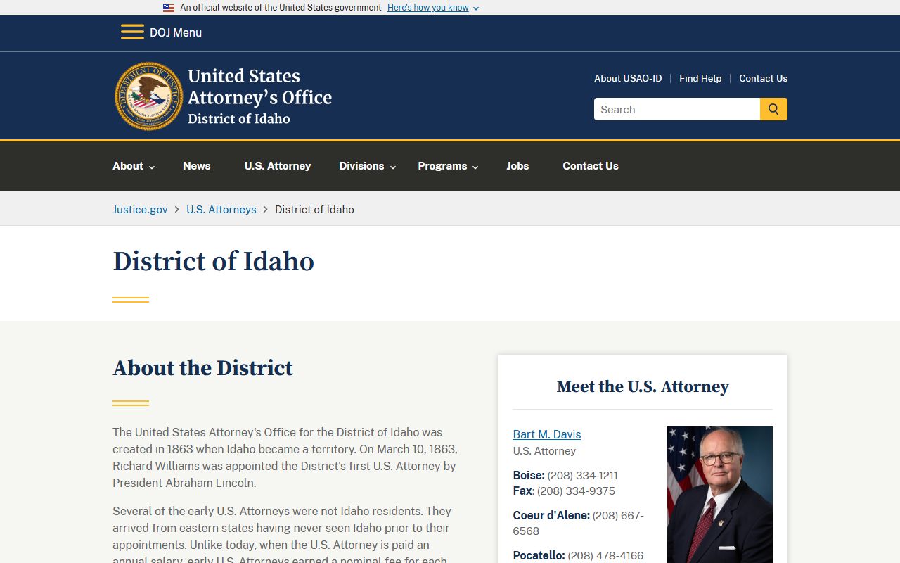 Valley County probate records federal distinction from U.S. Attorney District of Idaho